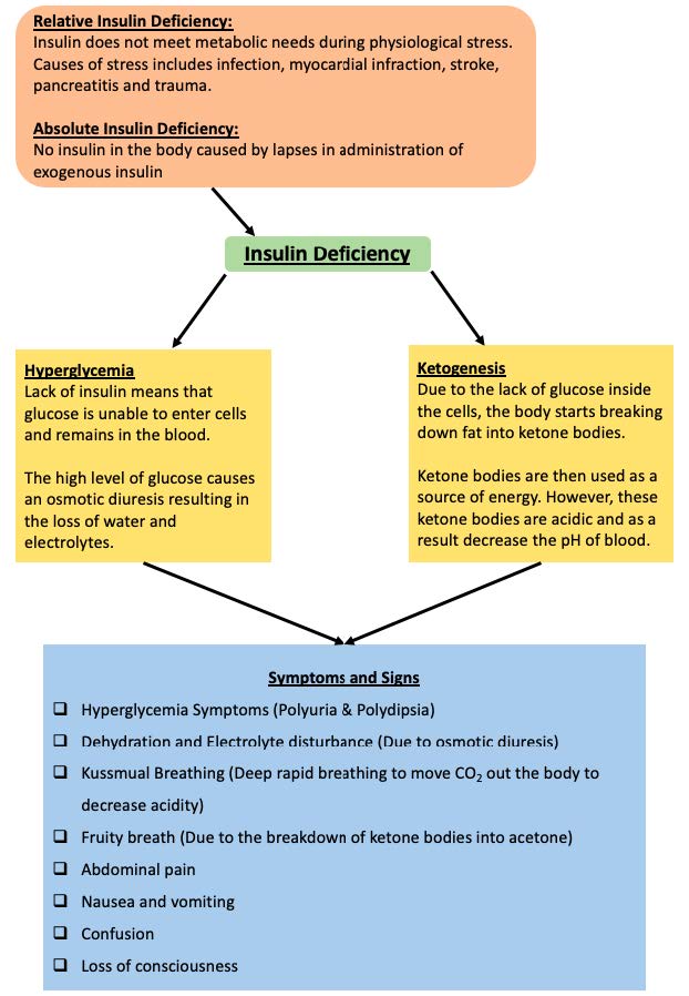 Figure showing insulin deficiency types, effects and symptoms