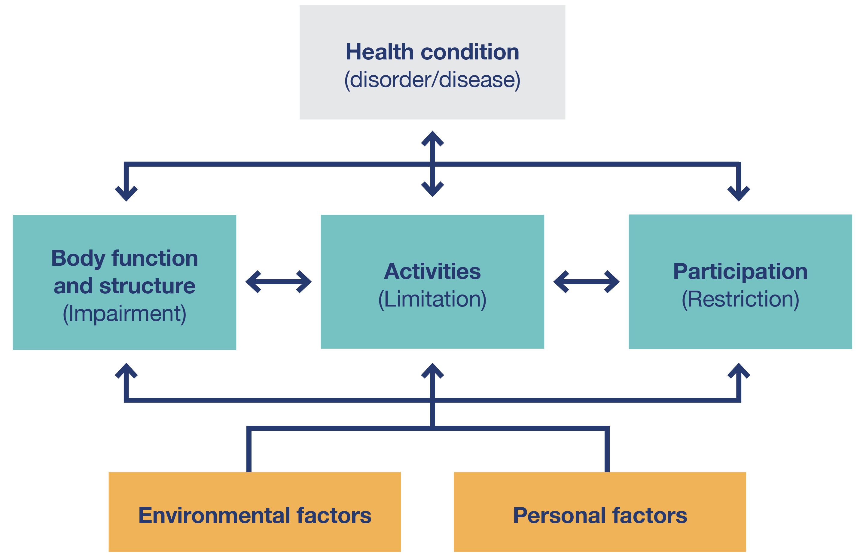 A flow diagram demonstrating the the interactions between the components of International Classification of Functioning, Disability and Health