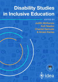  Disability Studies in Inclusive Education cover with blue background with inclusivity  icons, book icons and infinity icons.